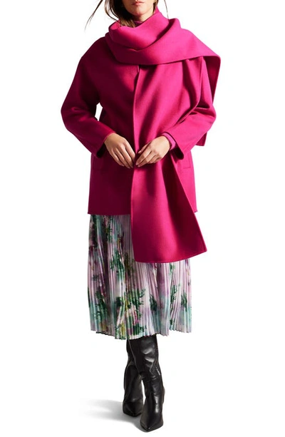 Shop Ted Baker Skylorr Wool Blend Coat With Scarf Detail In Bright Pink