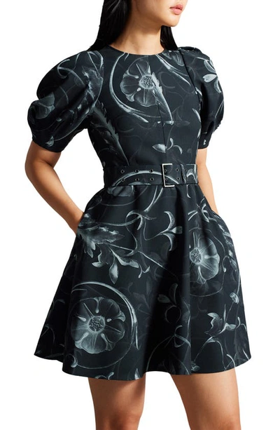 Shop Ted Baker Saaraih Floral Print Puff Sleeve Dress In Black