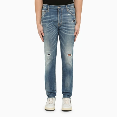 Shop Dsquared2 Regular Blue Washed Denim Jeans With Wear