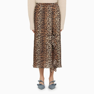 Shop Ganni Leopard Print Midi Skirt With Ruffles