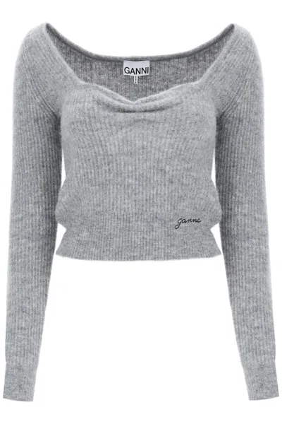 Shop Ganni Sweater With Sweetheart Neckline