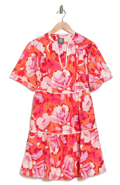 Shop Vince Camuto Floral Short Sleeve Linen Blend Dress In Hot Coral
