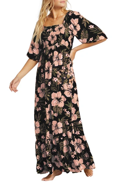 Billabong Full Bloom Smocked Maxi Dress In Black Sands