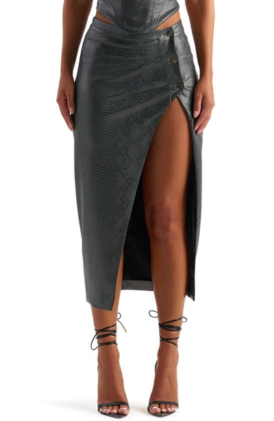 Shop Naked Wardrobe Snakeskin Print Front Slit High Waist Faux Leather Midi Skirt In Dark Grey