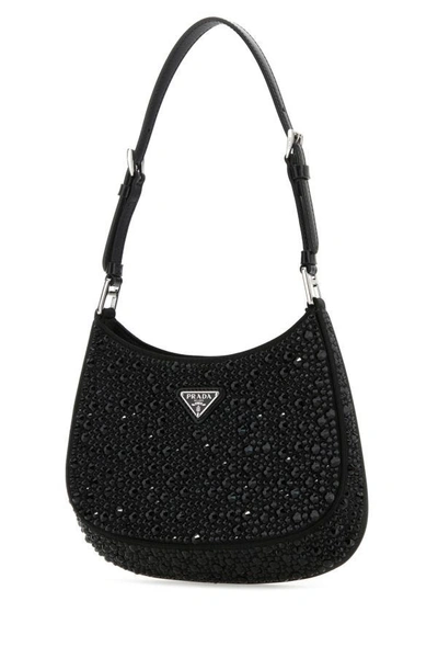 Shop Prada Woman Embellished Satin Cleo Handbag In Black
