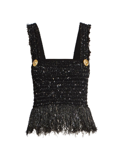 Shop Balmain Women's Sequined Tweed Fringe Top In Black Gold