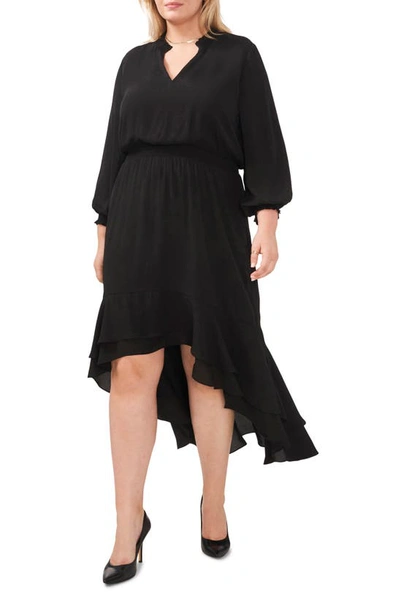 Shop Vince Camuto Smocked Waist Long Sleeve High-low Dress In Rich Black