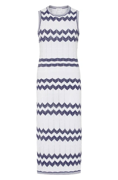 Shop Milly Oversize Zigzag Knit Midi Dress In Navy/ Ecru