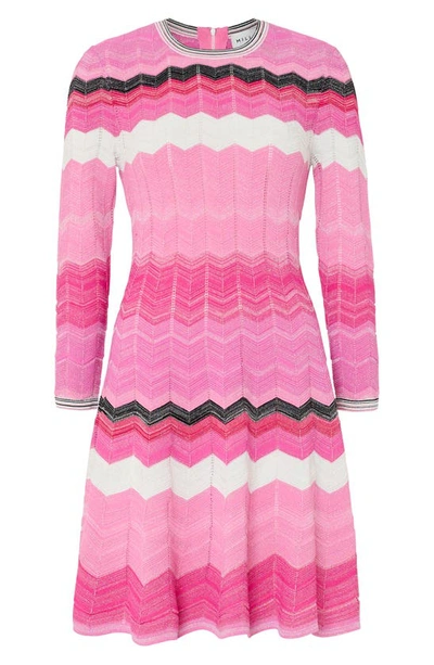 Shop Milly Zigzag Long Sleeve Knit Fit & Flare Minidress In Pink Multi