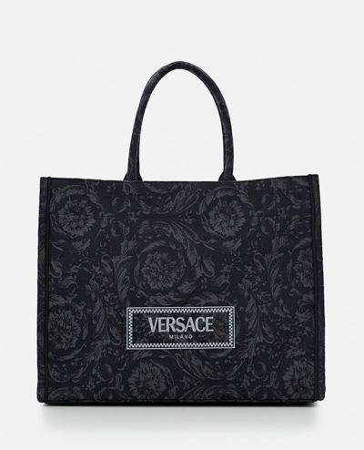 Shop Versace Barocco Embroidery Extra Large Tote Bag In Black