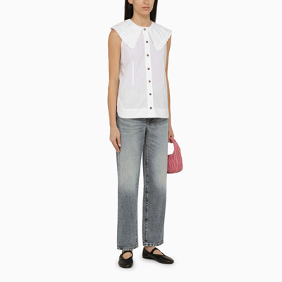 Shop Ganni White Cotton Sleeveless Shirt With Collar