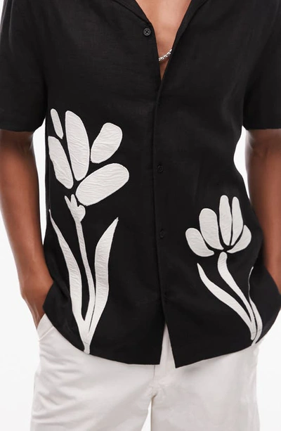 Shop Topman Floral Appliqué Linen Blend Camp Shirt In Black