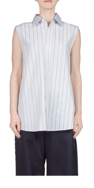 6397 Sleeveless Button Down Top In Light Blue/navy