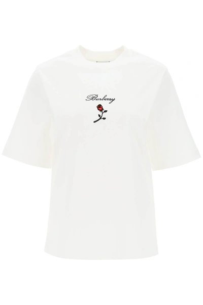 Shop Burberry T Shirt With Embroidery And Flocked Rose