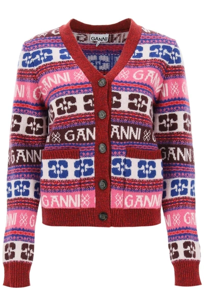 Shop Ganni Jacquard Wool Cardigan With Logo Pattern