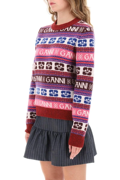 Shop Ganni Jacquard Wool Sweater With Logo Pattern