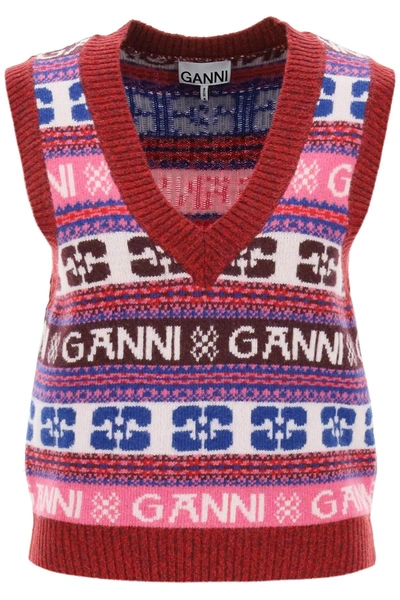 Shop Ganni Jacquard Wool Vest With Logo Pattern