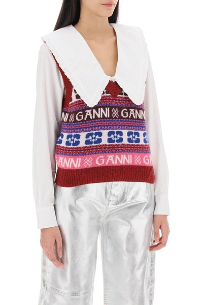 Shop Ganni Jacquard Wool Vest With Logo Pattern