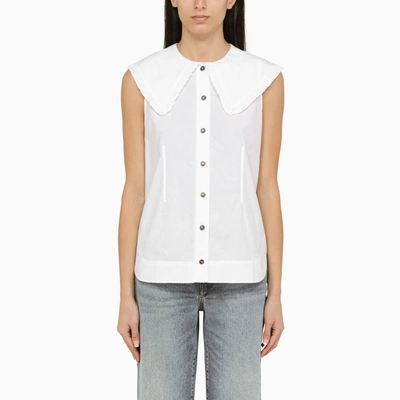 Shop Ganni White Cotton Sleeveless Shirt With Collar