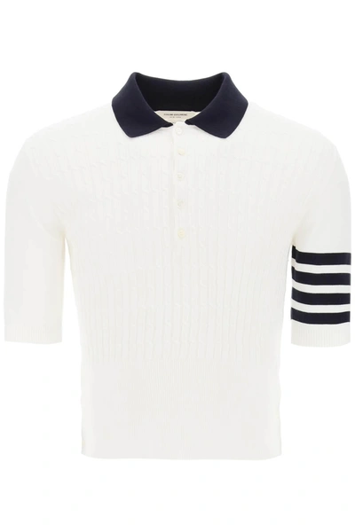 Shop Thom Browne Placed Baby Cable 4 Bar Cotton Polo Sweater