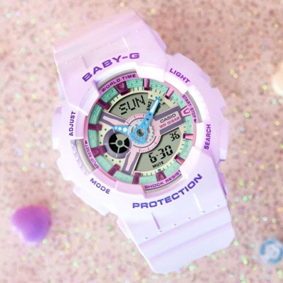 Pre-owned Casio Baby-g Digital-analogue Purple Resin Strap Women Watch Ba-110xpm-6adr