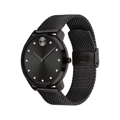 Pre-owned Movado Bold Thin 42mm Crystal Accent Dial Black S/steel Mesh Band Watch 3600904