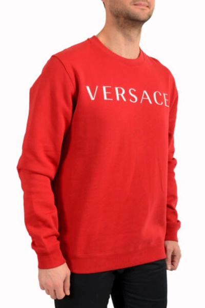 Pre-owned Versace Men's Red Logo Embroidered Crewneck Sweatshirt