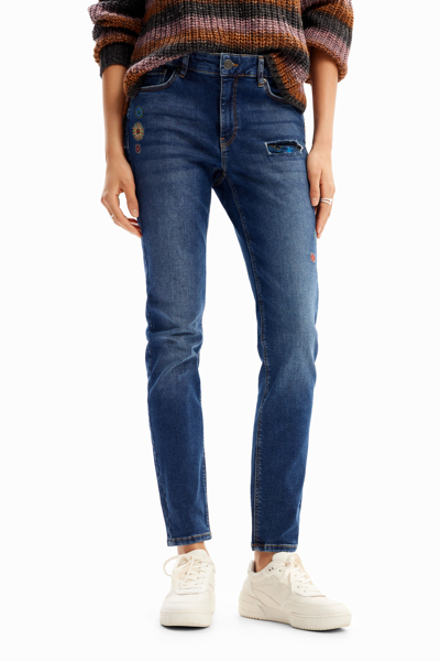 Shop Desigual Slim Embroidered Jeans In Blue