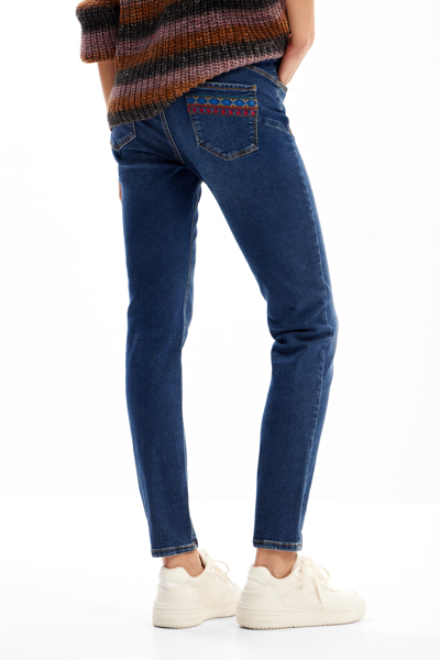 Shop Desigual Slim Embroidered Jeans In Blue