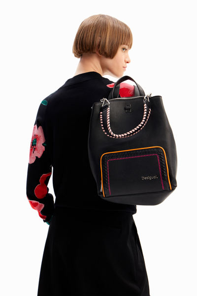 Shop Desigual M Multi-position Embroidered Backpack In Black