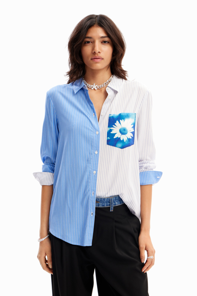 Shop Desigual Striped Patchwork Flower Shirt In Blue