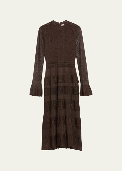 Shop Lela Rose Piper Knit Maxi Dress With Tiered Ruffle Detail In Chocolate