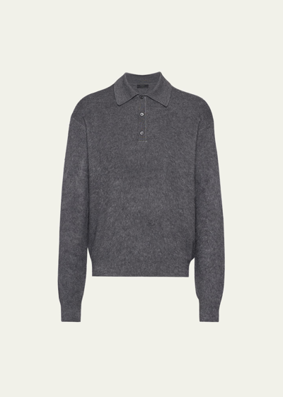 Shop Prada Men's Cashmere-silk Polo Shirt In Grigio