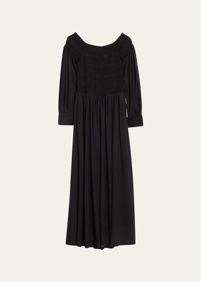 Shop Max Mara Manu Off-shoulder Smocked Wool Dress In Black