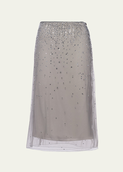 Shop Prada Crystal-studded Tulle Midi Skirt In F073x Granito