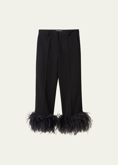 Shop Miu Miu Cropped Feather-cuff Pants In Black