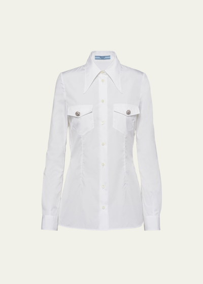 Shop Prada Poplin Long-sleeve Top With Crystal Buttons In F0009 Bianco