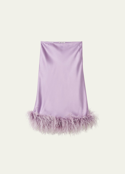 Shop Miu Miu Feather Trim Silk Midi Skirt In F0014 Lilla