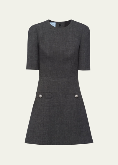 Shop Prada Matt Wool Mini Dress With Crystal Buttons In F0480 Ardesia