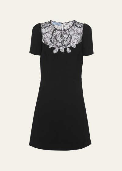 Prada Lace-panelled Cady Mini Dress In F0002 Nero