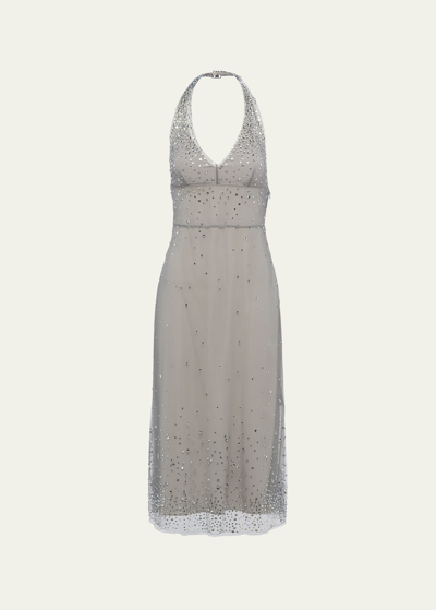 Shop Prada Crystal Halter Tulle Midi Dress In F073x Granito