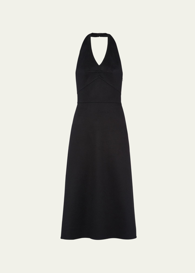 Shop Prada Halter Double Cashmere Flared Midi Dress In F0002 Nero