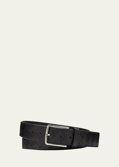 Shop Bottega Veneta Men's Cintura Intrecciato Leather Belt In Fondant-silver