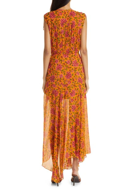 Shop Veronica Beard Dovima Floral Asymmetric Silk Maxi Dress In Hot Orange Multi