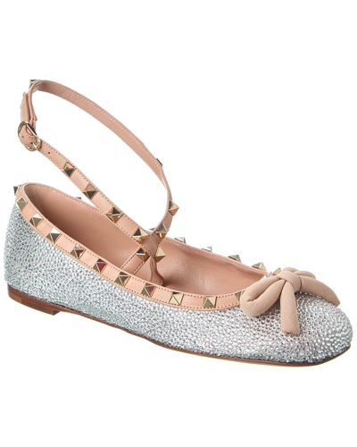 Shop Valentino Rockstud Satin & Leather Flat In Silver
