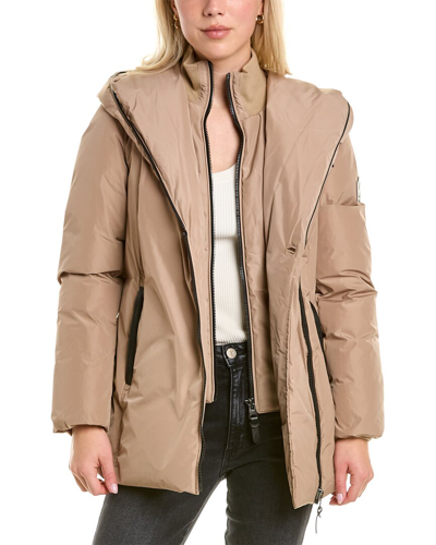 Shop Mackage Adali Leather-trim Down Coat In Brown