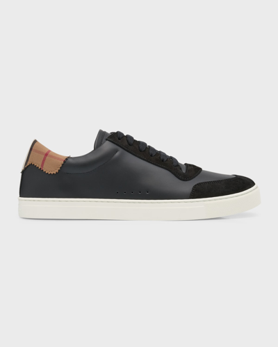 Shop Burberry Men's Robin Vintage Check Panel Leather Low-top Sneakers In Black