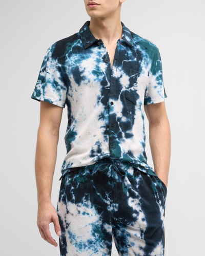 Shop Vilebrequin Men's Terrycloth Ocean Tie-dye Short-sleeve Shirt In Emeraude