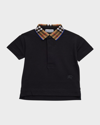 Shop Burberry Boy's Johane Check Collar Ekd Polo Shirt In Black