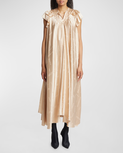 Shop Balenciaga Logo Paris Silk Jacquard Ruffle Neck-tie Oversized Midi Dress In 1975 Champagne Be